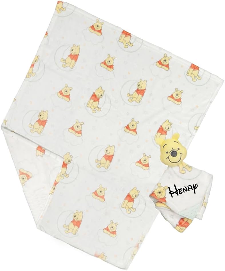 Baby Personalized Blanket Set 2 Piece Lovey and Teether Snuggler with Large Blanket for Newborn Nursery Decor (Yellow Winnie The Pooh)