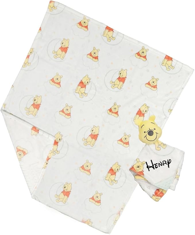 Baby Personalized Blanket Set 2 Piece Lovey and Teether Snuggler with Large Blanket for Newborn Nursery Decor (Yellow Winnie The Pooh)
