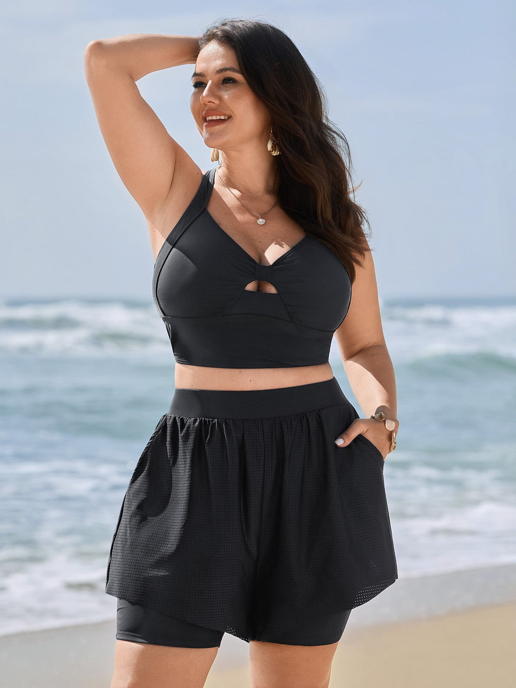 Full-Hip Coverage Pockets Spliced Swim Bottoms