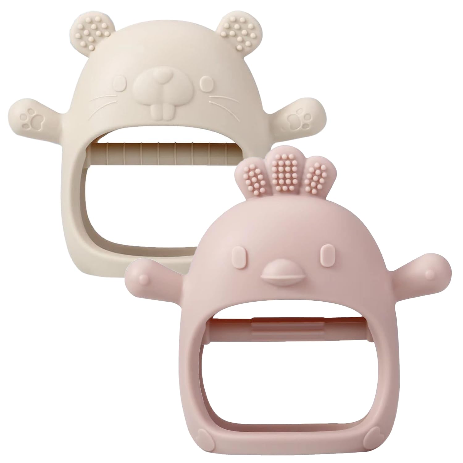 2 Pack Baby Teether Toy, BPA Free Silicone Mitten Glove Teether for Sucking Needs, Baby Teething Toys 0-3-6-12 Months, Hand Pacifier Chew Toys for Teething Pain Relief (Beige & Blue)