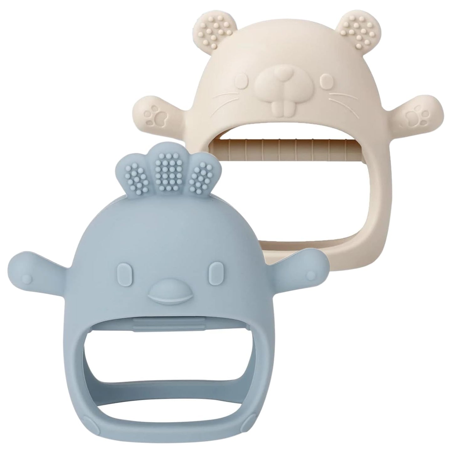 2 Pack Baby Teether Toy, BPA Free Silicone Mitten Glove Teether for Sucking Needs, Baby Teething Toys 0-3-6-12 Months, Hand Pacifier Chew Toys for Teething Pain Relief (Beige & Blue)