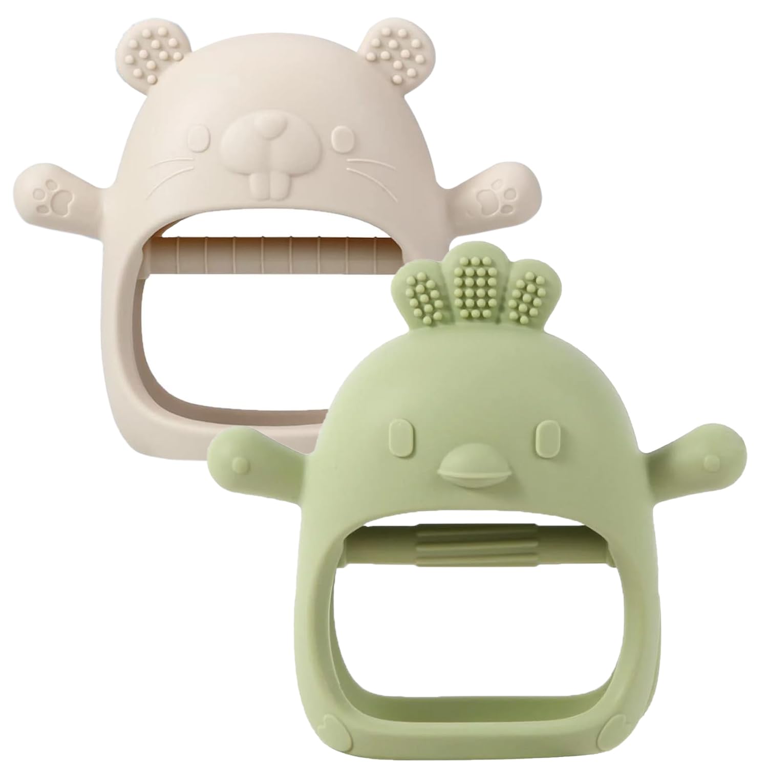 2 Pack Baby Teether Toy, BPA Free Silicone Mitten Glove Teether for Sucking Needs, Baby Teething Toys 0-3-6-12 Months, Hand Pacifier Chew Toys for Teething Pain Relief (Beige & Blue)