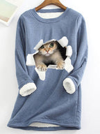 Round Neck Cat Print Loose Long Sleeve T-shirt