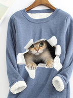Round Neck Cat Print Loose Long Sleeve T-shirt