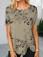 Floral Print Decorative Button Round Neck Short-sleeved Casual T-shirt
