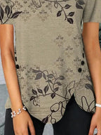 Floral Print Decorative Button Round Neck Short-sleeved Casual T-shirt