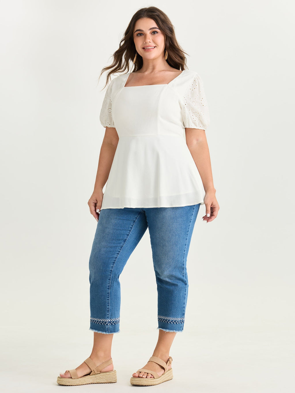 Cotton Floral Eyelet Trim Fit And Flare Blouse