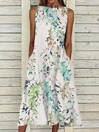 Casual Flower Leaf Print Round Neck Sleeveless Maxi Dress