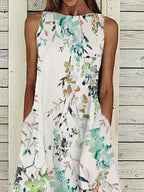 Casual Flower Leaf Print Round Neck Sleeveless Maxi Dress
