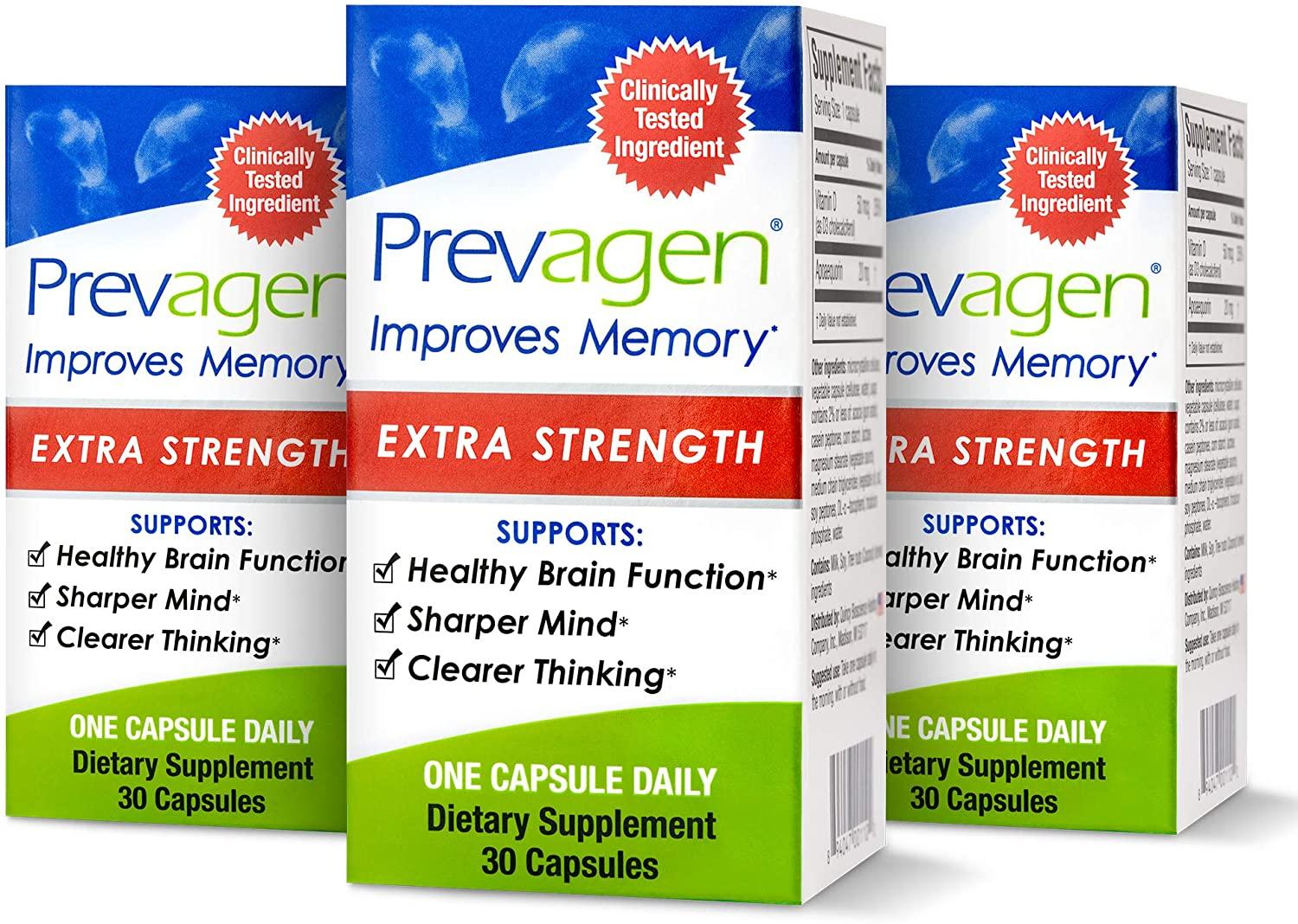 Prevagen Improves Memory - Extra Strength 20mg, 30 Capsules |3 Pack| with Apoaequorin & Vitamin D|Brain Supplement for Better Brain Health, Supports Healthy Brain Function & Clarity|Memory Supplement