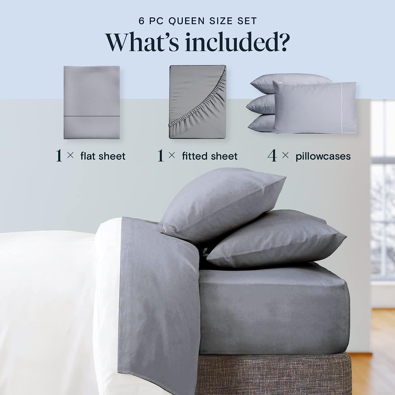 LuxClub 6 PC Full Size Sheet Set Bamboo Sheets Deep Pockets 18" Eco Friendly Wrinkle Free Cooling Sheets Machine Washable Hotel Bedding Silky Soft - Light Grey Full
