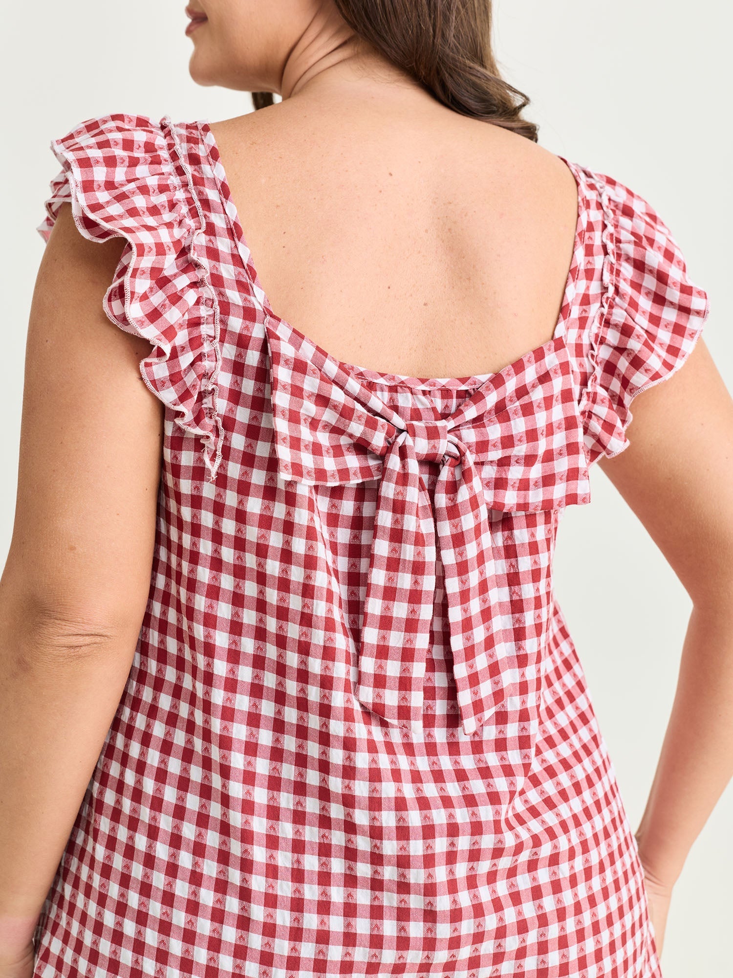 Gingham Print Layered Flutter Sleeve Blouse