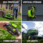 Greenworks 48V 21" Brushless Cordless Self-Propelled Electric Lawn Mower, Leaf Blower, String Trimmer, (4) 4.0Ah Batteries and (2) Rapid Chargers