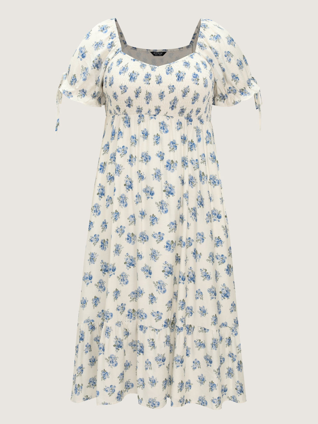 Floral Print Shirred Bodice Sleeve-Tie Maxi Dress