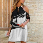 Round neck strapless printed suspender slim A-line skirt