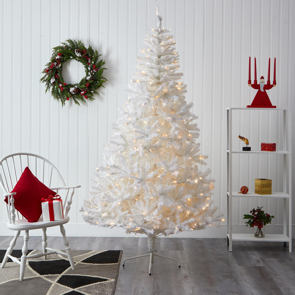 Nearly Natural 7.5' White Artificial Christmas Prelit 400 Clear LED Lights
