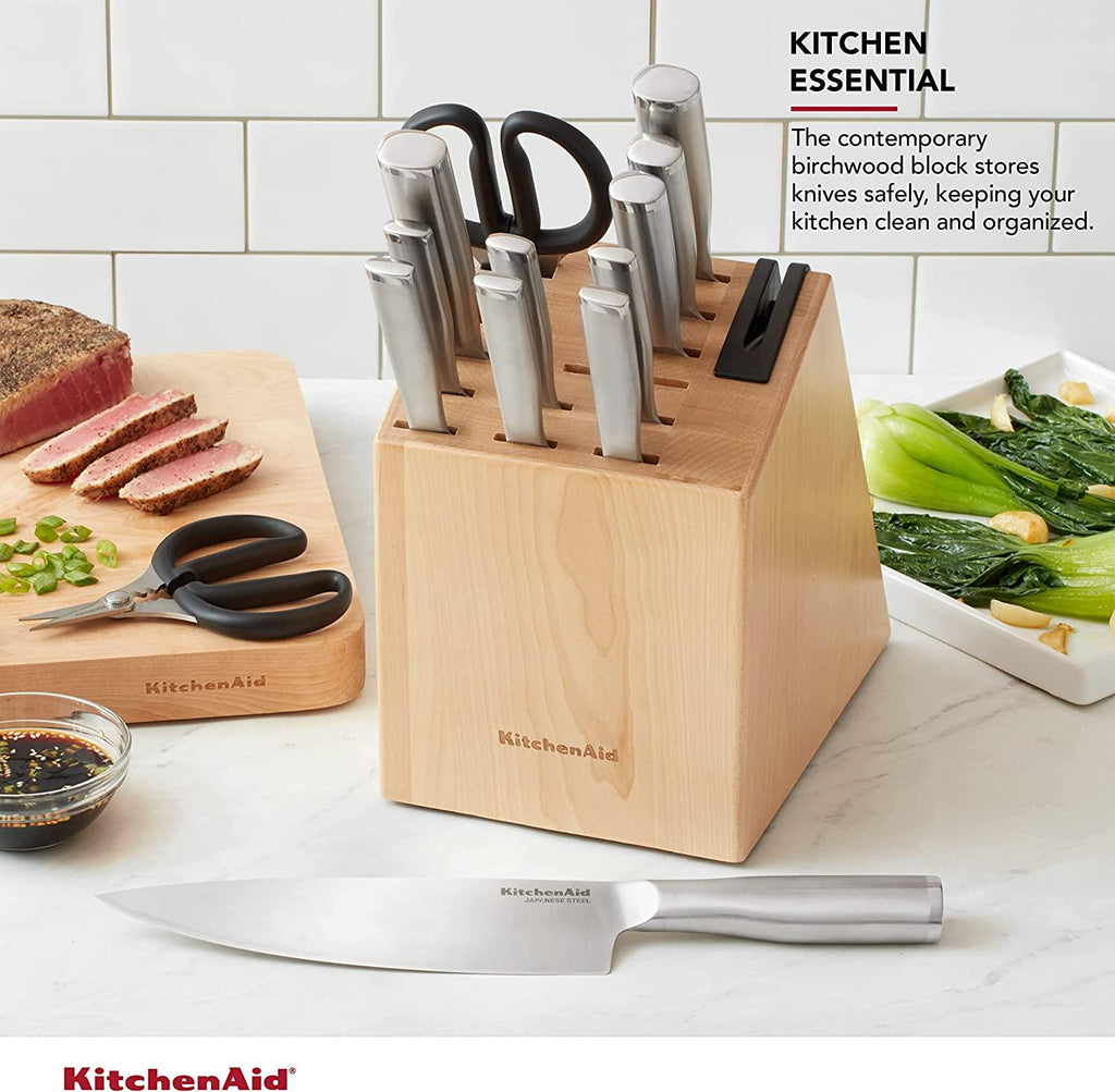 KitchenAid Gourmet 14-piece Forged Stainless Steel Block Set with Built-in Knife Sharpener, Natural