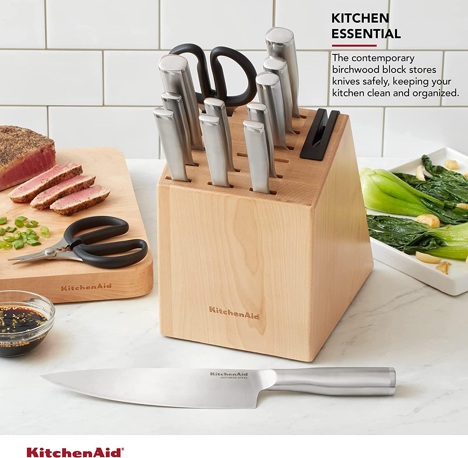 KitchenAid Gourmet 14-piece Forged Stainless Steel Block Set with Built-in Knife Sharpener, Natural