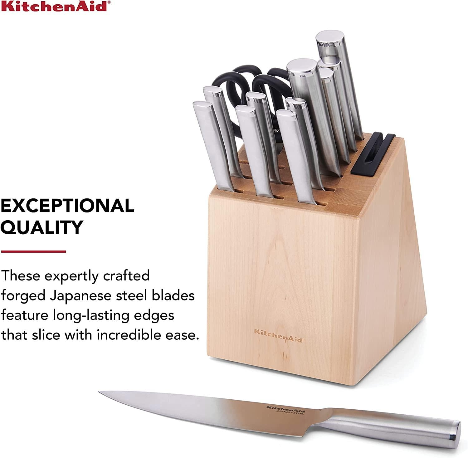 KitchenAid Gourmet 14-piece Forged Stainless Steel Block Set with Built-in Knife Sharpener, Natural