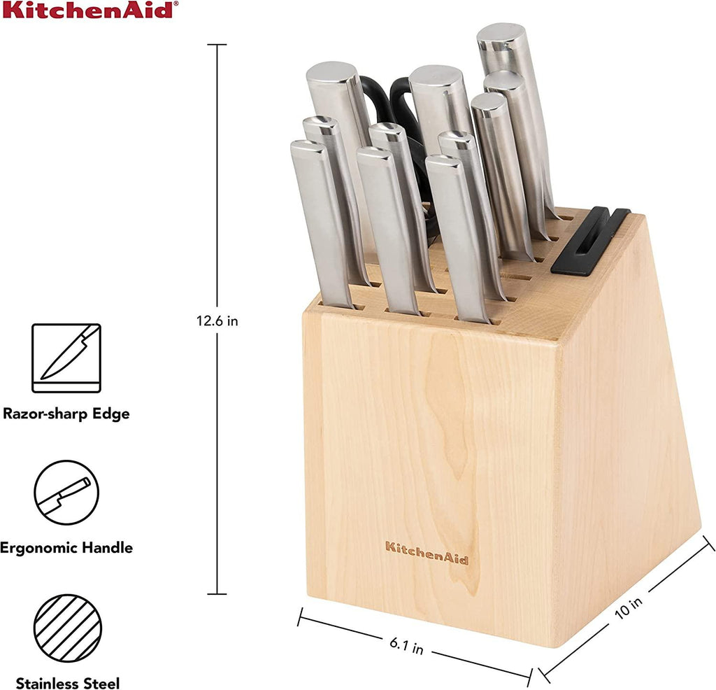 KitchenAid Gourmet 14-piece Forged Stainless Steel Block Set with Built-in Knife Sharpener, Natural