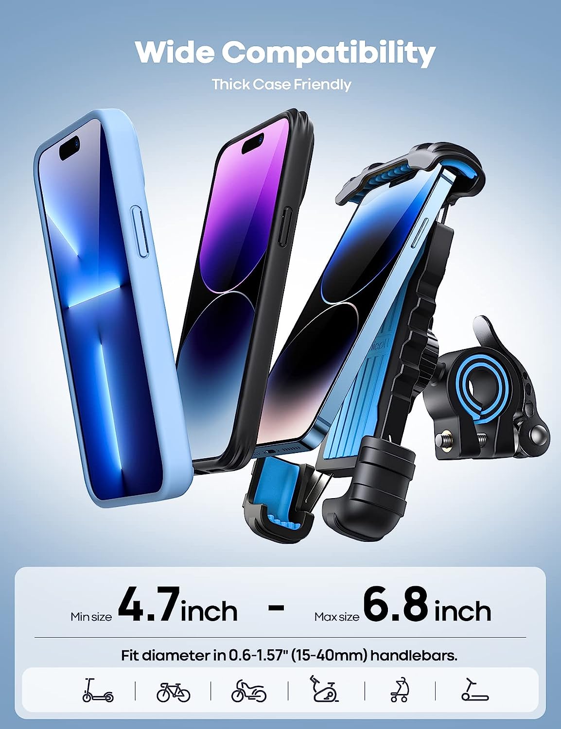 Lamicall Bike Phone Holder, Motorcycle Phone Mount - Motorcycle Handlebar Cell Phone Clamp, Scooter Phone Clip for iPhone 14 Plus/Pro Max, 13 Pro Max, S9, S10 and More 4.7" - 6.8" Smartphones, Blue