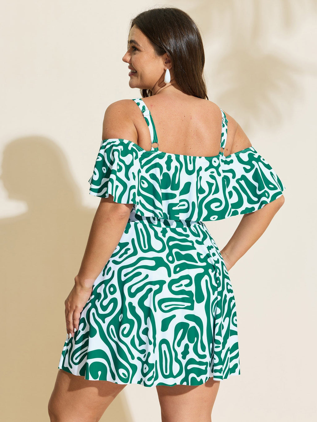 Geometric Print Cold-Shoulder Swim Dress