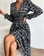 v-neck long-sleeved printed fashion dress