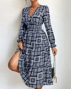 v-neck long-sleeved printed fashion dress