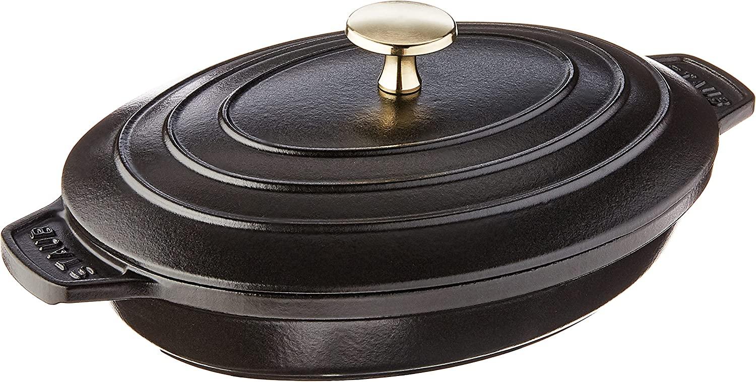Staub Cast Iron 9-inch x 6.6-inch Oval Covered Baking Dish - Matte Black, Made in France