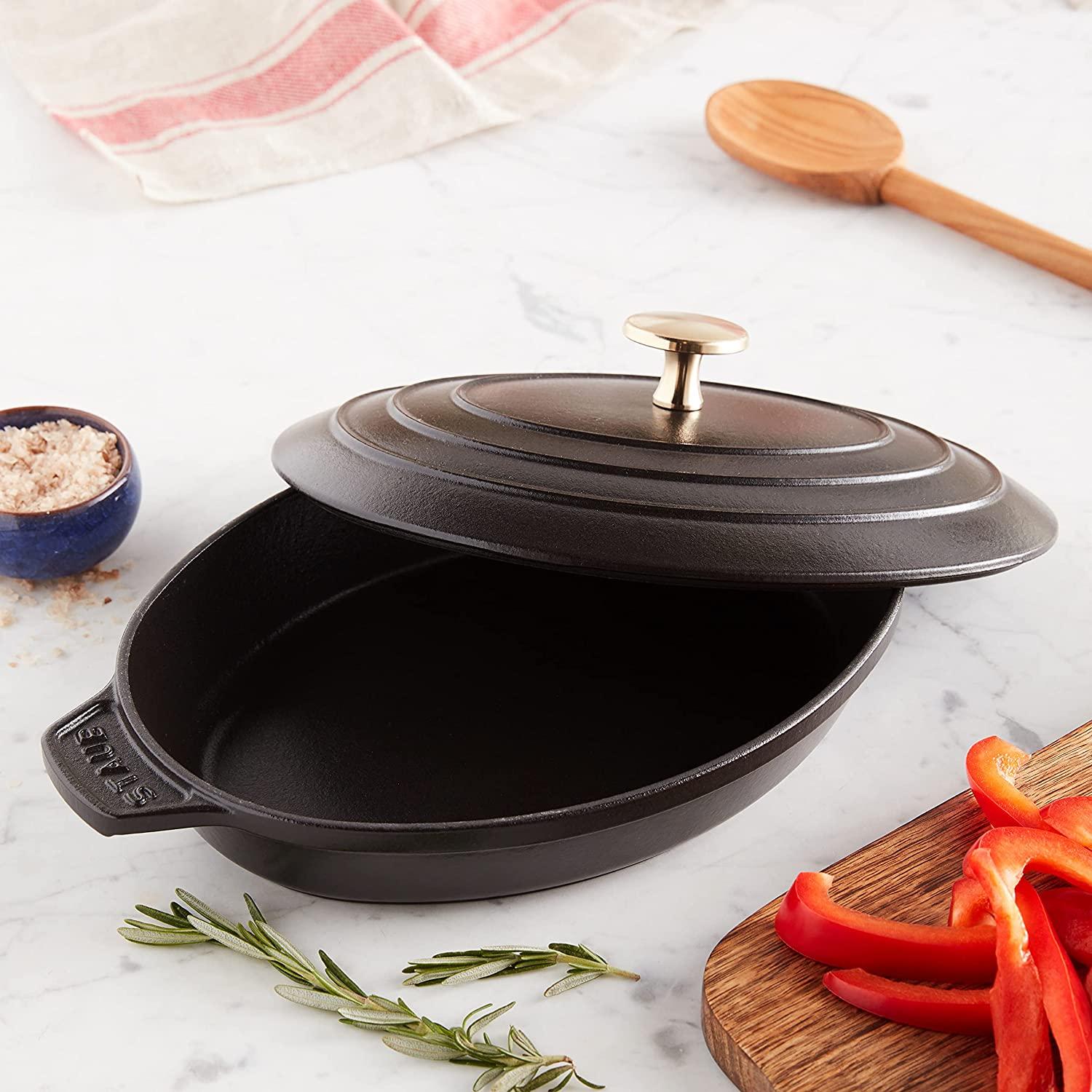 Staub Cast Iron 9-inch x 6.6-inch Oval Covered Baking Dish - Matte Black, Made in France