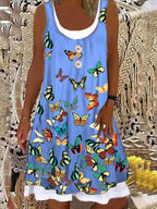 Round Neck Butterfly Print Stitching Shift Dress