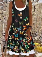 Round Neck Butterfly Print Stitching Shift Dress