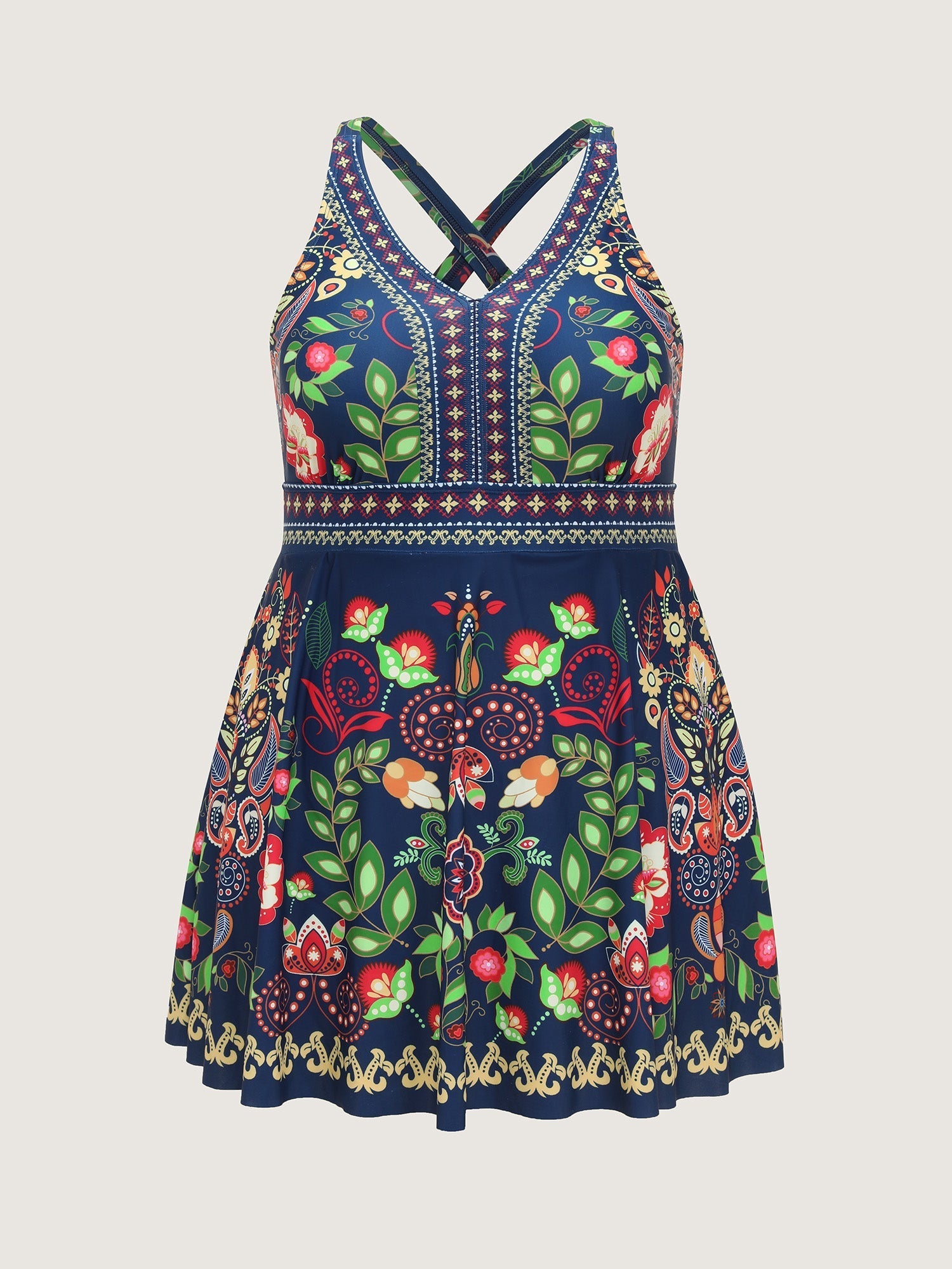 Tropical Floral Print Pockets Swim Dress