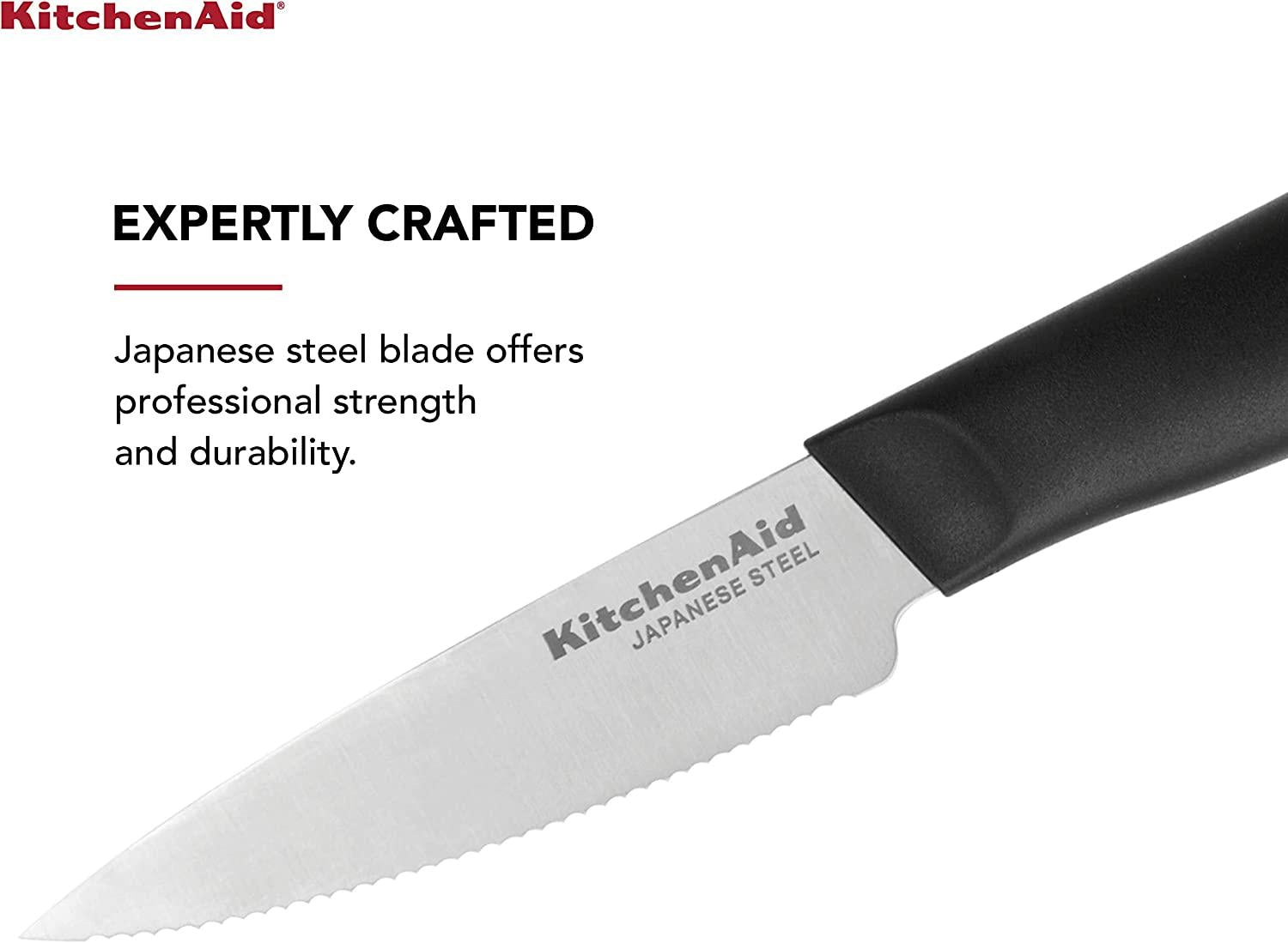 KitchenAid Classic Serrated Paring Knife with Custom-Fit Blade Cover, 3.5-inch, Sharp Kitchen Knife, High-Carbon Japanese Stainless Steel Blade, Black