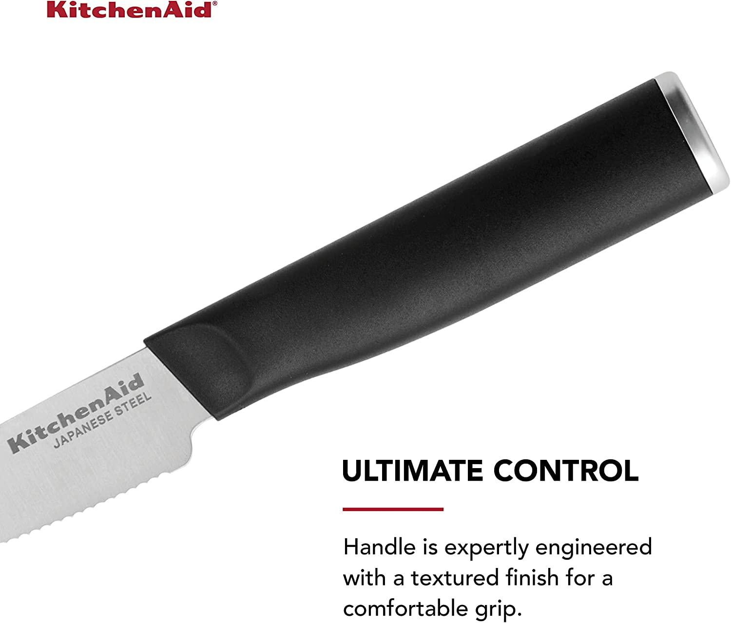 KitchenAid Classic Serrated Paring Knife with Custom-Fit Blade Cover, 3.5-inch, Sharp Kitchen Knife, High-Carbon Japanese Stainless Steel Blade, Black