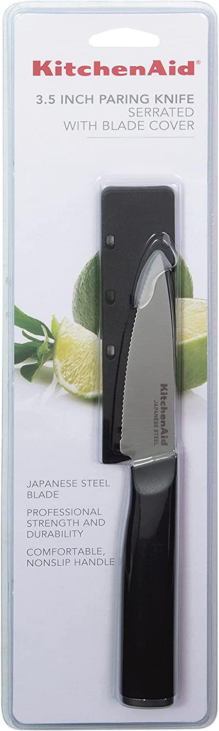KitchenAid Classic Serrated Paring Knife with Custom-Fit Blade Cover, 3.5-inch, Sharp Kitchen Knife, High-Carbon Japanese Stainless Steel Blade, Black