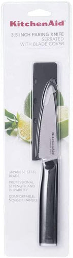 KitchenAid Classic Serrated Paring Knife with Custom-Fit Blade Cover, 3.5-inch, Sharp Kitchen Knife, High-Carbon Japanese Stainless Steel Blade, Black
