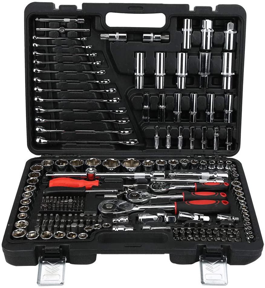 215Pcs Ratchet Wrench Socket Set Tool Case Hand Tool Kits Set 1/4in 3/8in 1/2in Box LPD0005‑7