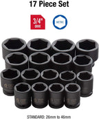 Sunex 4684, 3/4 Inch Drive Heavy Duty Impact Socket Set, 17-Piece, Metric, 26mm-46mm, Cr-Mo Alloy Steel, Radius Corner , Dual Size Markings, Heavy Duty StoraCase