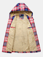 mens plaid 100% cotton plush lined thick snap button shirt hooded overcoats