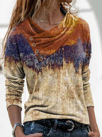 V-neck Retro Print Casual Loose Long-sleeved T-shirt
