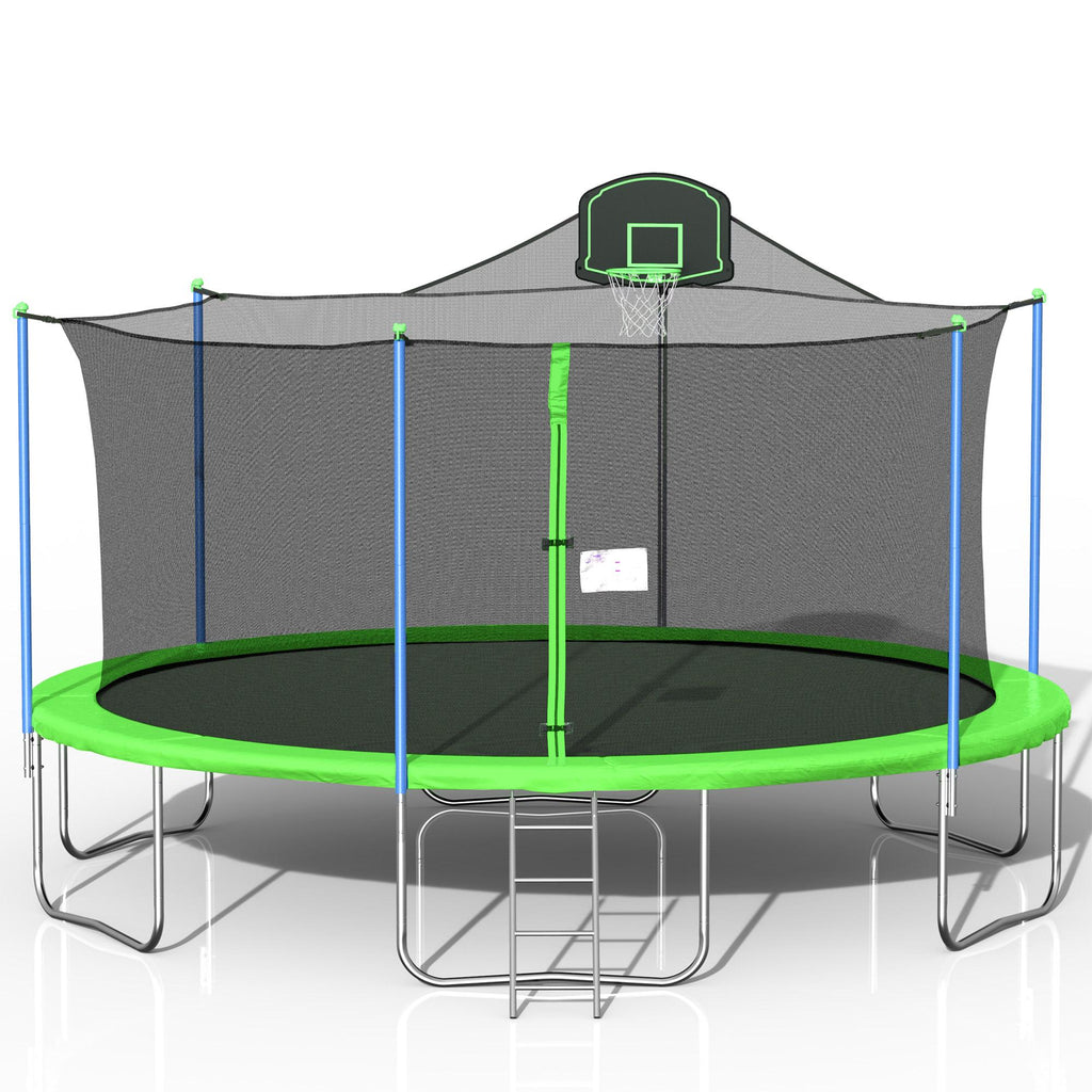 Kids 16FT Trampoline, Outdoor Trampoline with Basketball Hoop &amp; Backboard Enclosure Net Jumping Mat, Safety Spring Cover Padding, Christmas Birthday Gifts for Kids, 16' X 16' X 11', Green, S1768