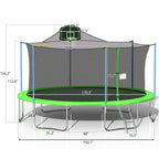 Kids 16FT Trampoline, Outdoor Trampoline with Basketball Hoop &amp; Backboard Enclosure Net Jumping Mat, Safety Spring Cover Padding, Christmas Birthday Gifts for Kids, 16' X 16' X 11', Green, S1768