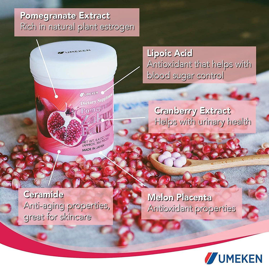 Umeken Pomegranate Extract Zakuro Balls - 360 Pieces (2 Month Supply), Pack of 6 Bottles, Chewable Supplement with Natural Vitamins, Minerals, Citric Acids, and Tannins