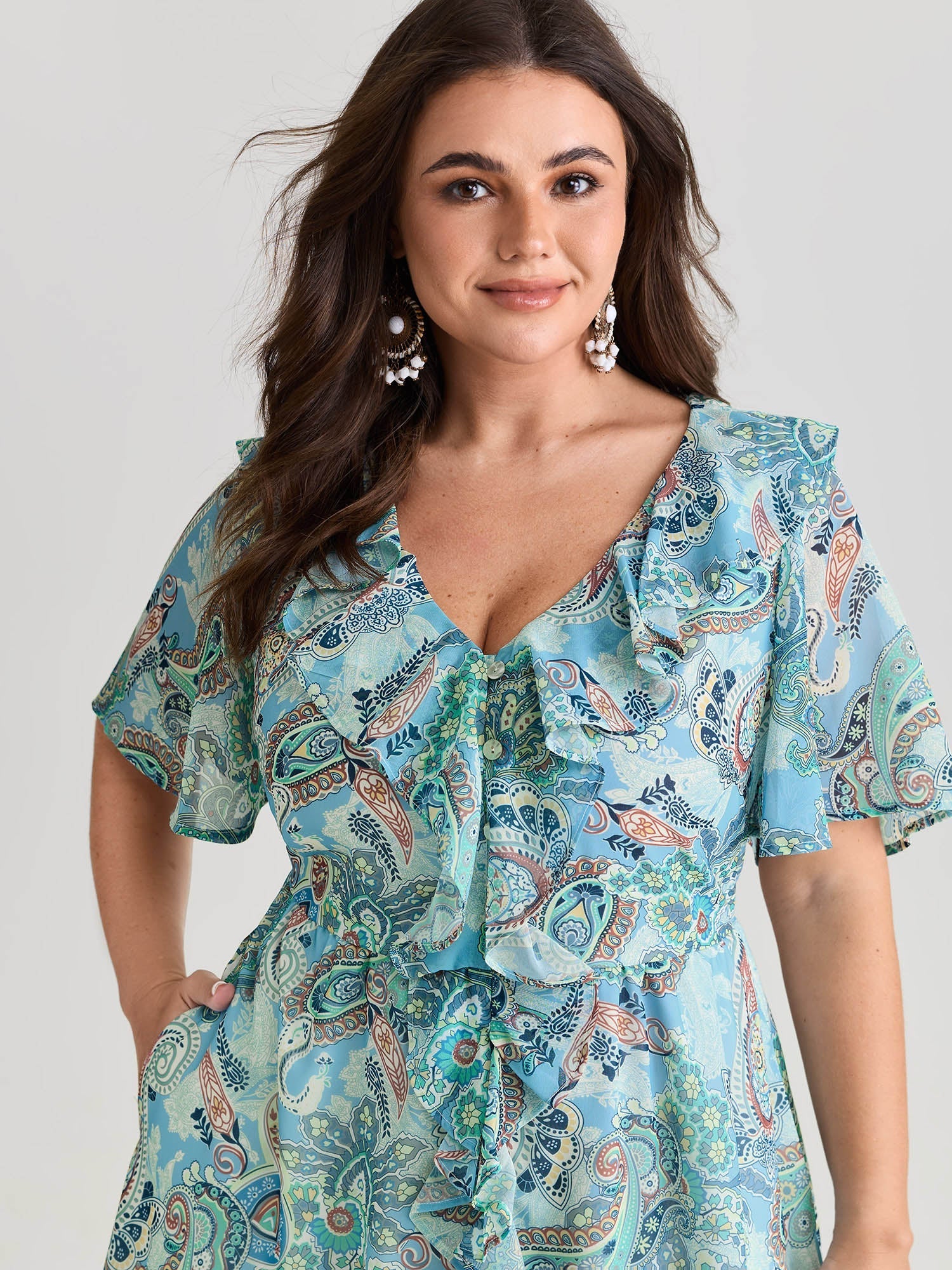 Delicate Paisley Print Ruffled Detail Maxi Dress