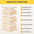 CREWORKS Bee Hive with 10 Medium &20 Deep Honeycomb Foundation Frames, Bee Box for Beekeeper Starter, Beekeeping Supplies Equipment Tool, Wood Complete Honey Bee Hives Kit, 3 Layer Bees House Box