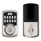 Aura Satin Nickel Single Cyl. Elec. BT Keypad Smart Lock Deadbolt Feat SmartKey Security/Avalon Handle and Tustin Lever