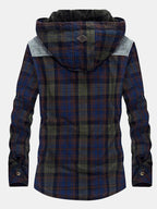 mens plaid 100% cotton plush lined thick snap button shirt hooded overcoats