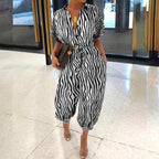 fold-over collar single-breasted short-sleeved zebra pattern jumpsuit