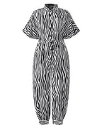 fold-over collar single-breasted short-sleeved zebra pattern jumpsuit